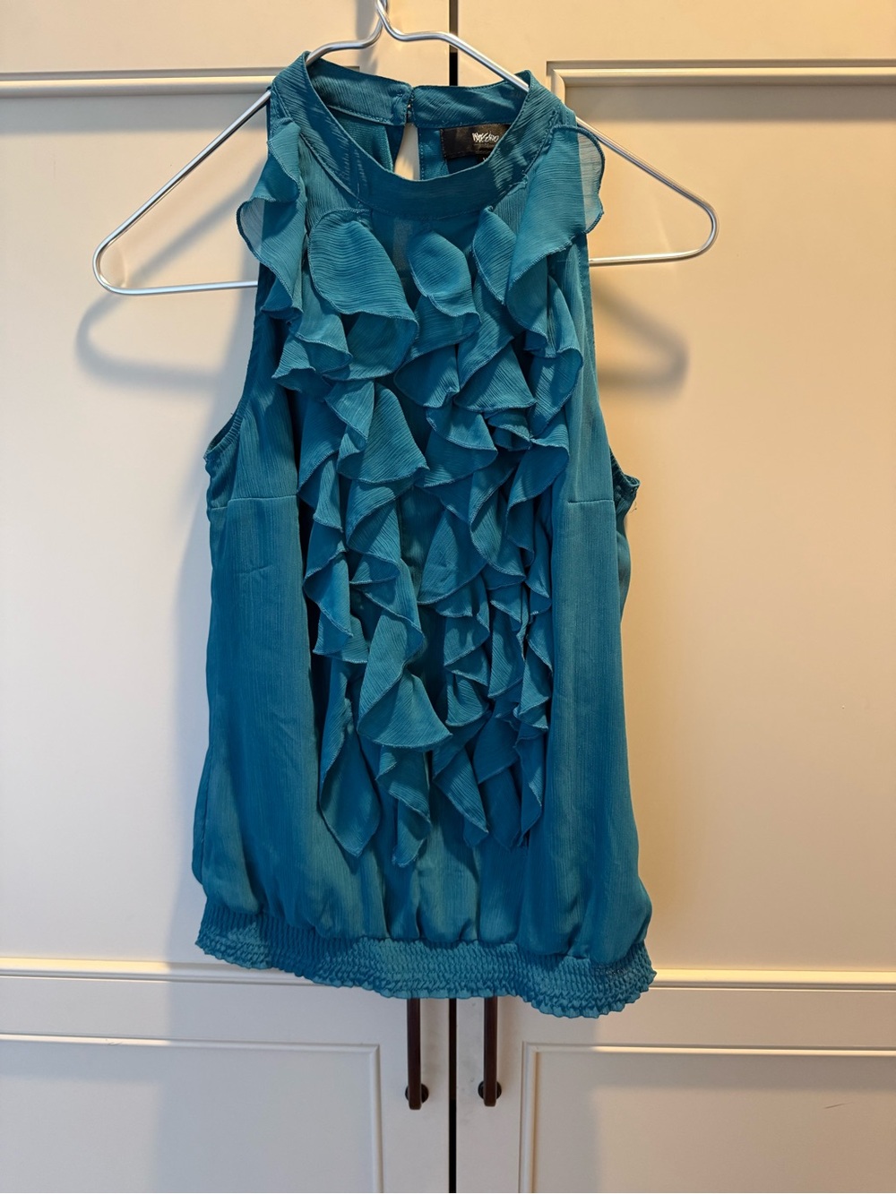 Teal Ruffle Front Sleeveless Blouse